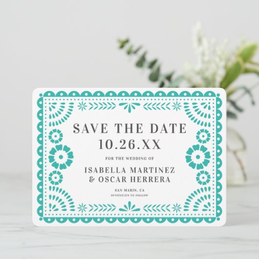 Prachtige  Papel Picado Foto Aqua Wedding Save The Date (Staand voorkant)