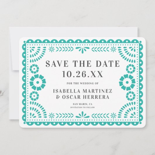 Prachtige  Papel Picado Foto Aqua Wedding Save The Date (Voorkant)