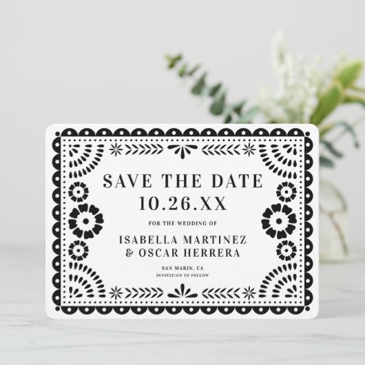 Prachtige  Papel Picado Foto B & W bruiloft Save The Date (Staand voorkant)