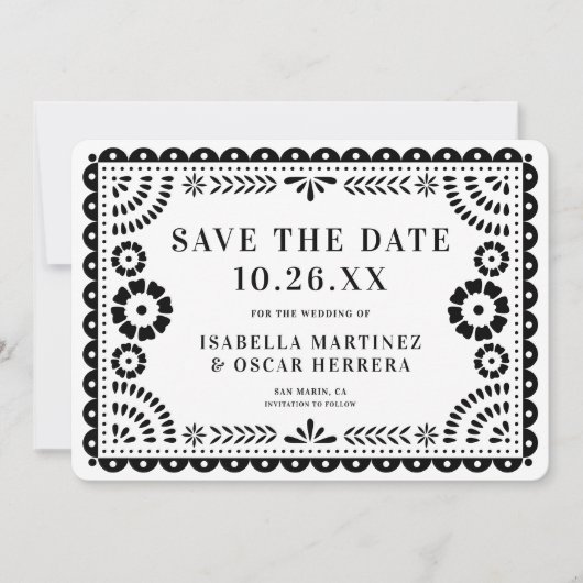 Prachtige  Papel Picado Foto B & W bruiloft Save The Date (Voorkant)
