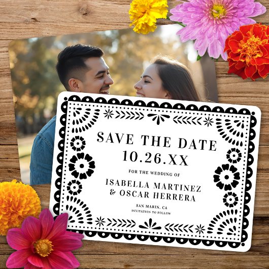 Prachtige  Papel Picado Foto B & W bruiloft Save The Date