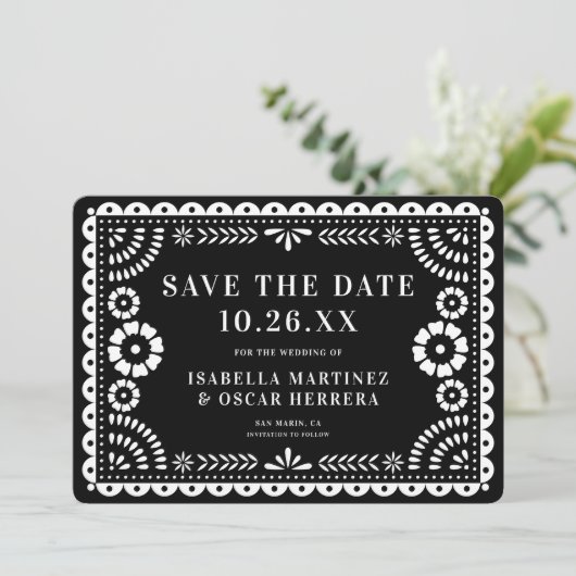 Prachtige  Papel Picado Foto Black Wedding Save The Date (Staand voorkant)