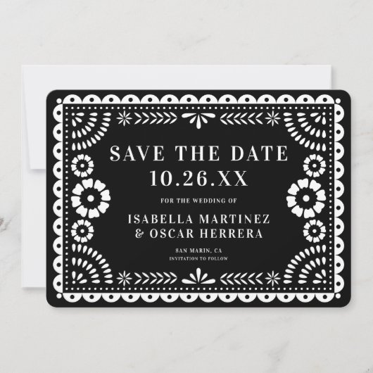 Prachtige Papel Picado Foto Black Wedding Save The Date (Voorkant)