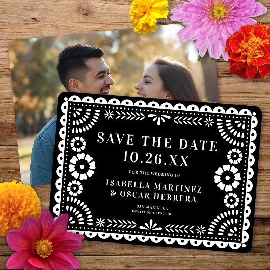 Prachtige  Papel Picado Foto Black Wedding Save The Date