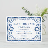 Prachtige  Papel Picado Foto Blauw Huwelijk Save The Date (Staand voorkant)