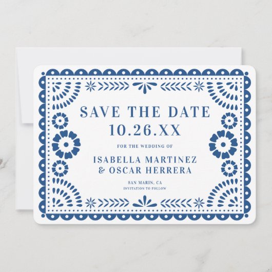 Prachtige  Papel Picado Foto Blauw Huwelijk Save The Date (Voorkant)