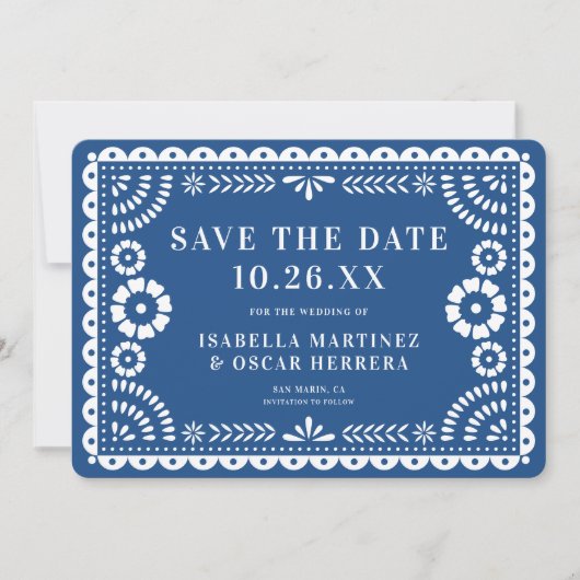 Prachtige  Papel Picado Foto Blauw Huwelijk Save The Date (Voorkant)