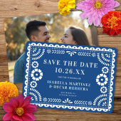 Prachtige  Papel Picado Foto Blauw Huwelijk Save The Date