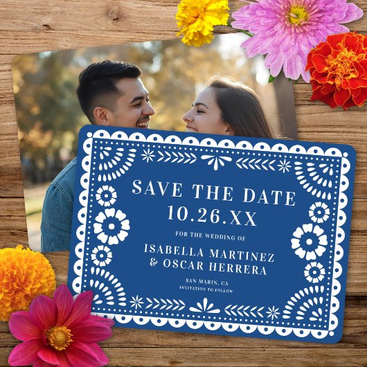 Prachtige  Papel Picado Foto Blauw Huwelijk Save The Date