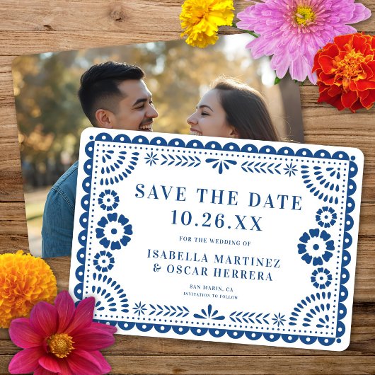 Prachtige  Papel Picado Foto Blauw Huwelijk Save The Date