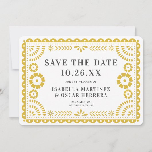 Prachtige  Papel Picado Foto Geel Huwelijk Save The Date (Voorkant)