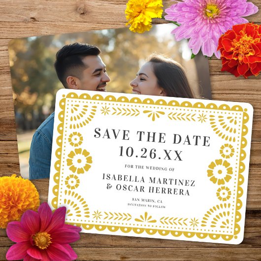 Prachtige  Papel Picado Foto Geel Huwelijk Save The Date
