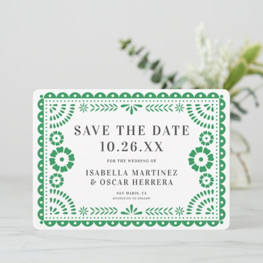 Prachtige  Papel Picado Foto Green Wedding Save The Date (Staand voorkant)