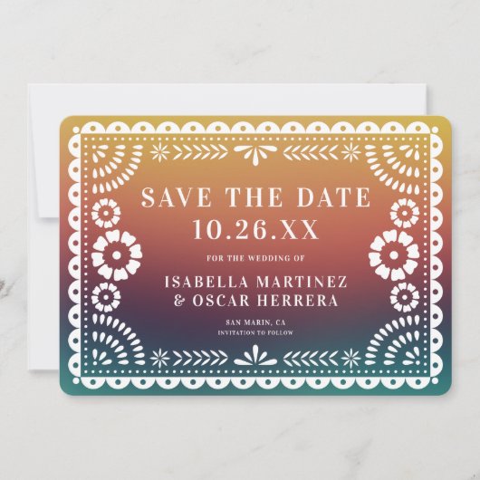 Prachtige Papel Picado Foto Sunset Ombré bruiloft Save The Date (Voorkant)
