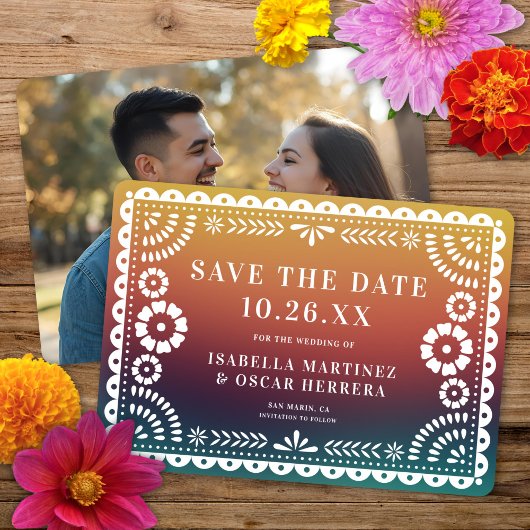 Prachtige Papel Picado Foto Sunset Ombré bruiloft Save The Date
