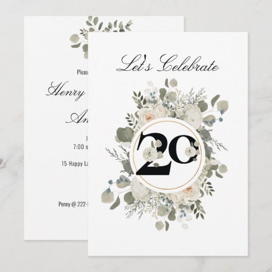 Prachtige pasta Floral 20e JUBILEUM Kaart (Voorkant / Achterkant)