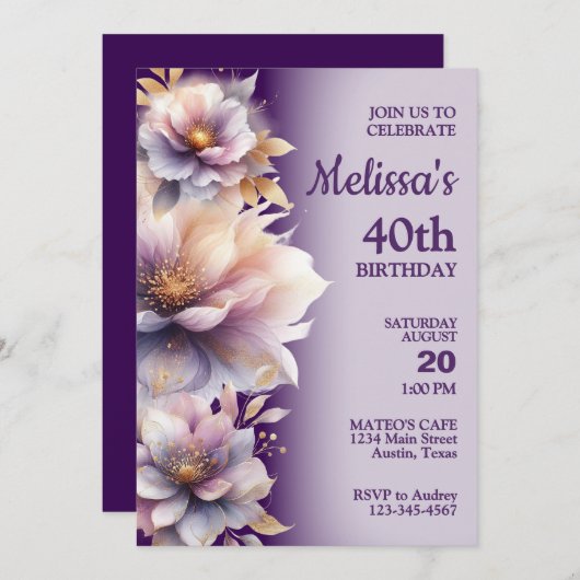 Prachtige Pastel Bloemen Verjaardag Uitnodiging (Voorkant / Achterkant)