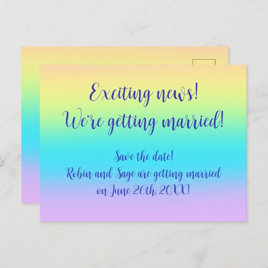 Prachtige pastel regenboogbruiloft, opslagdatum aankondigingskaart (Voorkant / Achterkant)