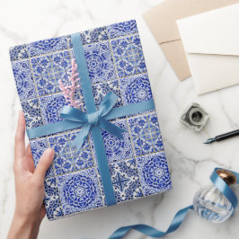 Prachtige  Patroonblauw en witte Tegels Cadeaupapier