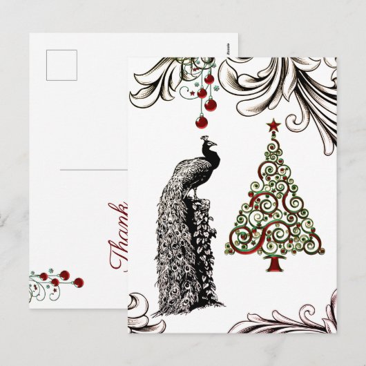 Prachtige pauw en kerstboom Dank u Feestdagenkaart (Voorkant / Achterkant)