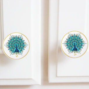 Prachtige Pauw in Blauw Turkoois Goud Keramische Knop