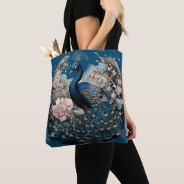 Prachtige pauw met blauwe basis tote bag