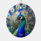 Prachtige pauw met blauwgroen en gouden verenkleed keramisch ornament (Links)