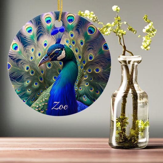 Prachtige pauw met blauwgroen en gouden verenkleed keramisch ornament