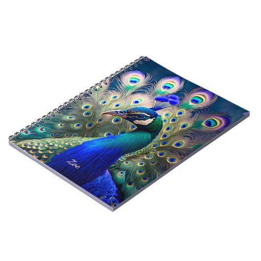 Prachtige pauw met blauwgroen en gouden verenkleed notitieboek (Linkerzijde)