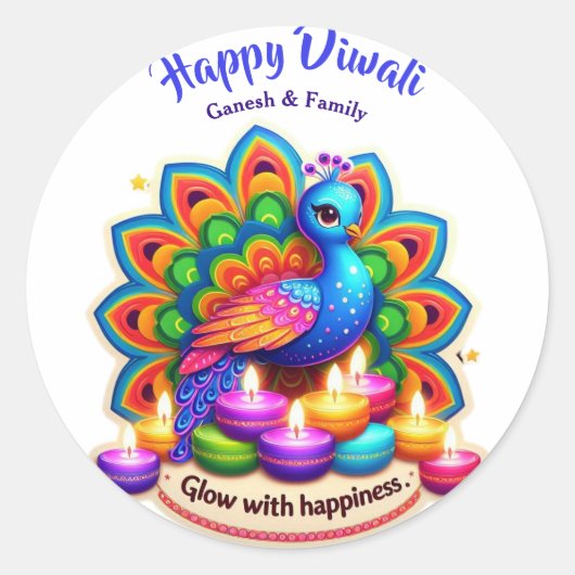 Prachtige pauw met Diya gepersonaliseerde Diwali Ronde Sticker (Voorkant)