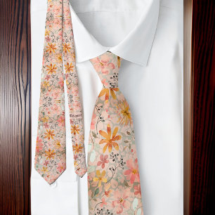 Prachtige Peach Summer Floral Waterverf Stropdas