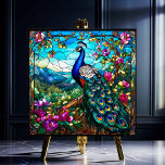 Prachtige Peacock 2 tussen de bloementuin Tegeltje<br><div class="desc">Beautiful Peacock 2 Among Flower Garden beschikt over een kleurrijke pauw in een boom met zijn staartveren die naar beneden stromen tegen een achtergrond van rijk gebladerte en heuvels en bloeiende bloemen gedaan met een glas-in-lood effect op een keramische tegel. Er zijn veel toepassingen voor deze prachtige keramische tegels. Dit...</div>