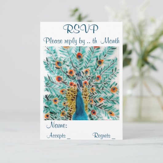 Prachtige Peacock Feathers Bird Art RSVP Kaartje (Staand voorkant)