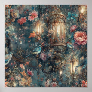 Prachtige periode Rococo tuin vogels en bloemen Poster