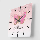 Prachtige persoonlijke roze vlinder vierkante klok (Hoek)