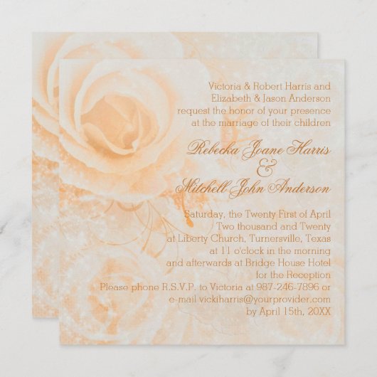 Prachtige perzik crème rozen bruiloft kaart (Voorkant / Achterkant)