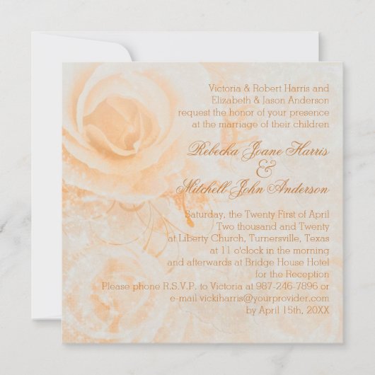 Prachtige perzik crème rozen bruiloft kaart (Voorkant)
