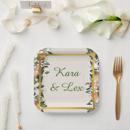 Prachtige perziken en bladeren kleurrijk papieren bordje (Huwelijk)