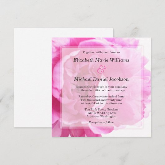 Prachtige Pink Peony Wedding Invitations Kaart (Voorkant / Achterkant)