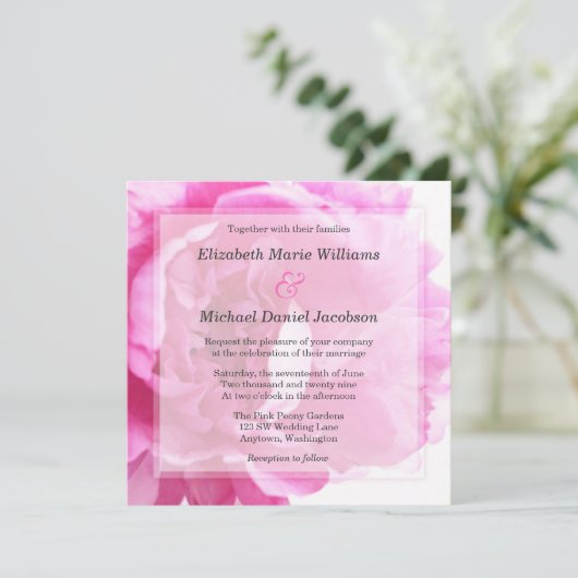Prachtige Pink Peony Wedding Invitations Kaart (Staand voorkant)