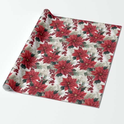 Prachtige Poinsettia Kerst Cadeaupapier (Uitgerold)