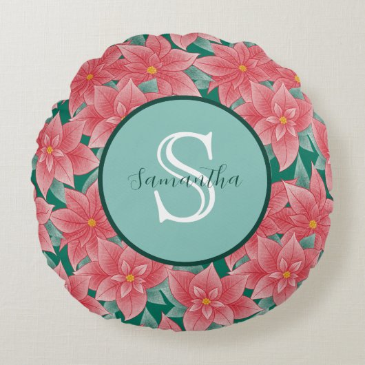 Prachtige Poinsettia Persoonlijk Monogram Rond Kussen (Voorkant)