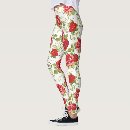 Prachtige Red Floral Rozen Patroon Leggings (Links)
