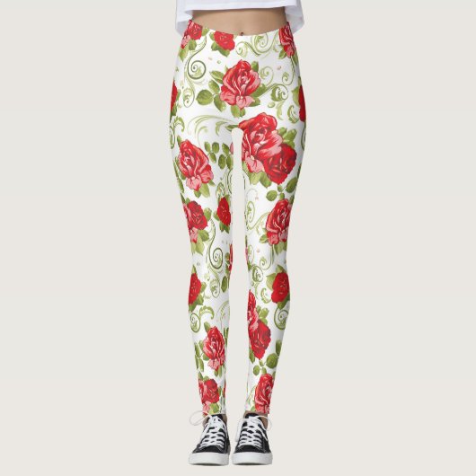 Prachtige Red Floral Rozen Patroon Leggings (Voorkant)