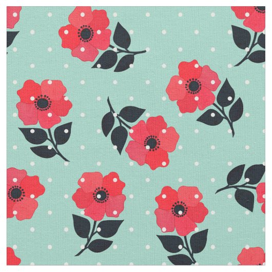 Prachtige Red Flowers Polka Dots Pattern Stof (Close Up)