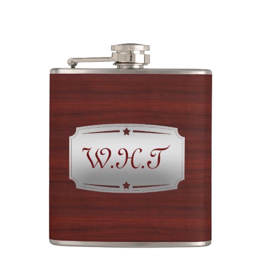 Prachtige Red Wood en Silver Monogram Heupfles (Voorkant)