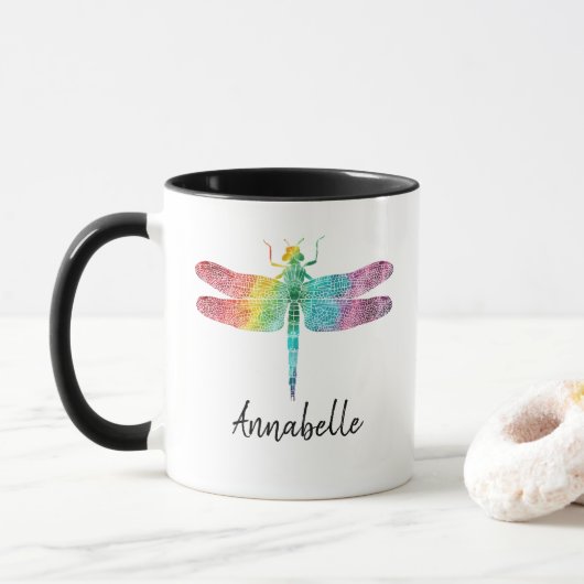 Prachtige regenboogWaterverf Dragonfly gepersonali Mok (Met donut)