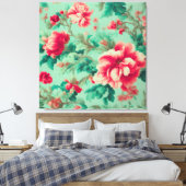 Prachtige rode bloemen en weelderige groene blader canvas afdruk (Insitu (Slaapkamer))