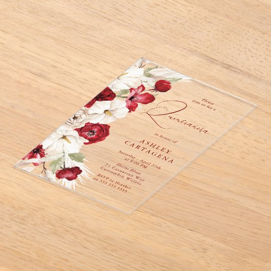 Prachtige rode en witte bloemen Quinceanera Acryl Uitnodigingen (Laagn)