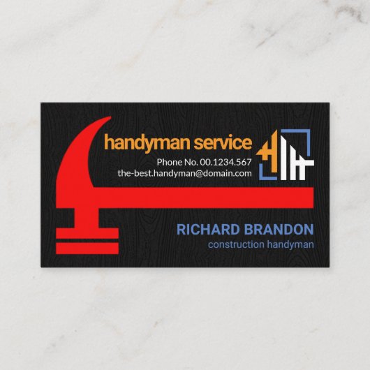 Prachtige rode hamer zwart hout grunge handyman visitekaartje (Voorkant)